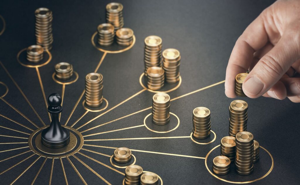 Stacks of coins connected across a strategy board